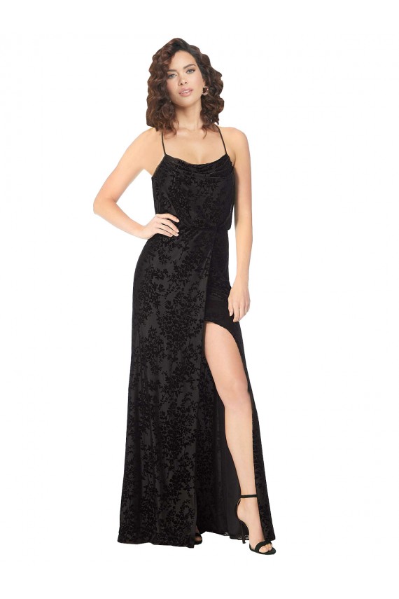 Sleeveless Cowl Neck Floral Velvet & Stretch Velvet Black Long Bridesmaid Dress Leicester