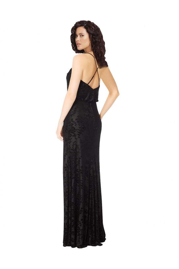 Sleeveless Cowl Neck Floral Velvet & Stretch Velvet Black Long Bridesmaid Dress Leicester