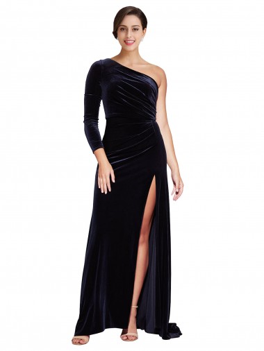 Long Sleeves One Shoulder Stretch Velvet Dark Navy Sweep Train Formal Evening Gown / Prom Dress / Bridesmaid Dress Leicester